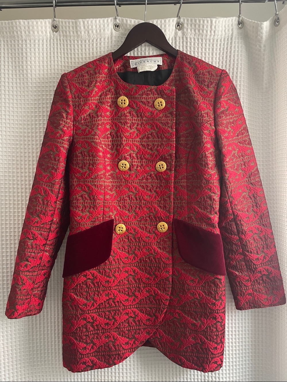 Givenchy Red Brocade Double-Breasted Blazer with Velvet Pockets